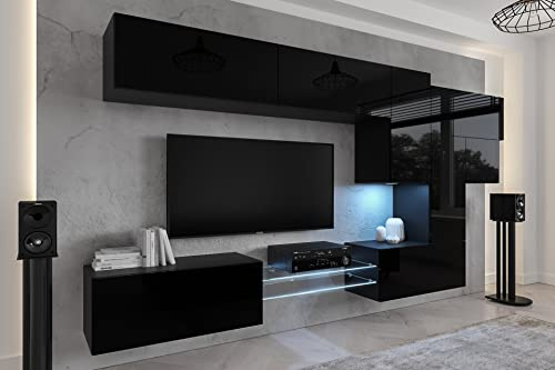 Furnitech Wohnwand Wohnzimmer | Wohnzimmer Möbel mit LED RGB - 16 Farben | Hängend Wohnwand Modern | Wohnzimmer Schrankwand mit Regale und TV Schrank (AN92NEW-21B-HG1)