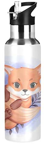 Mignon Bébé Renard Aquarelle Isotherme Bouteille d'eau avec Paille, Gourde Sport en Acier Inoxydable 600ML Gourdes sans BPA pour Enfant Garçon Fille École Bureau