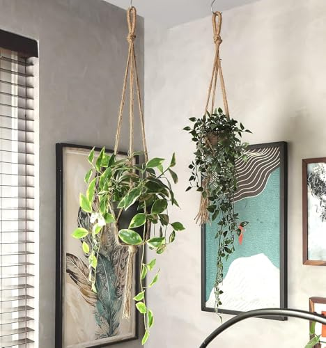 Lang Horn Makramee-Pflanzenaufhänger, 105 cm lang, für Innen- und Außentür, hängender Übertopf mit Haken, Garten, Terrasse, Blumentopf-Aufhänger, Wandkunst, Baumwollseil (2 Makramee)