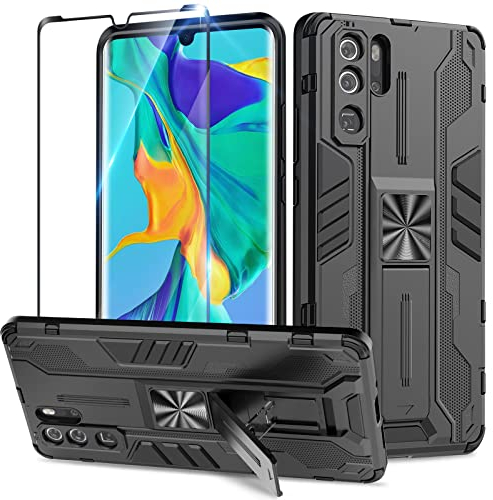 Btstring Hülle kompatibel mit Huawei P30 Pro mit Schutzfolie, Militär Standard Cover Case Standfunktion Handy Hüllen Schwarz