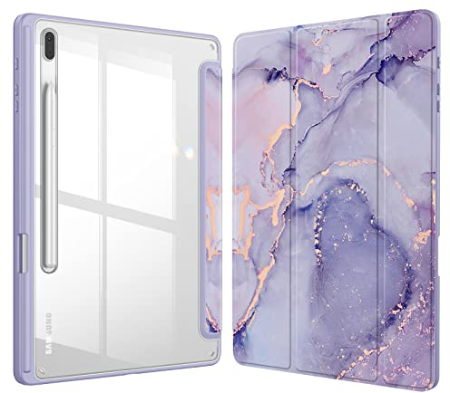 FINTIE Custodia per Samsung Galaxy Tab S8 Plus 2022/S7 FE 2021/S7 Plus 2020 12.4 Pollici con S Pen Holder, Antiurto Sottile Case Posteriore Trasparente Cover con Auto Sonno/Sveglia, Lilla Marble