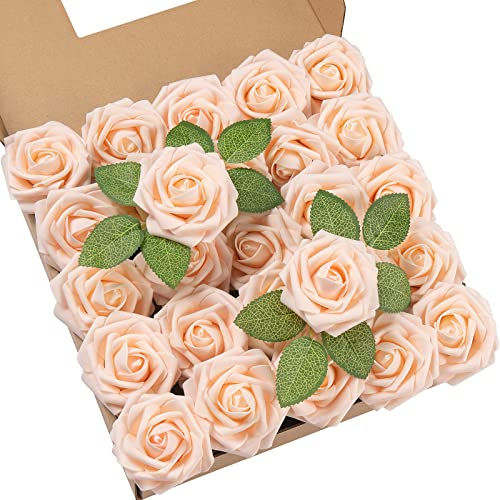 DuHouse Künstliche Rosen Blumen Fake Schaumstoff Rosen Köpfe mit Stiel Künstliche Blumen Rose für Hochzeit Home Party Baby Dusche Valentinstag Deko(25 Stück,Orange-rosa)