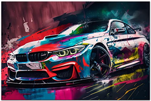 Printonia Leinwand-bild 120x80 cm BMW M4 Sportwagen Wandbild Automobil Bilder Dekoration Pop Art Auto Büro Deko Kunstdruck