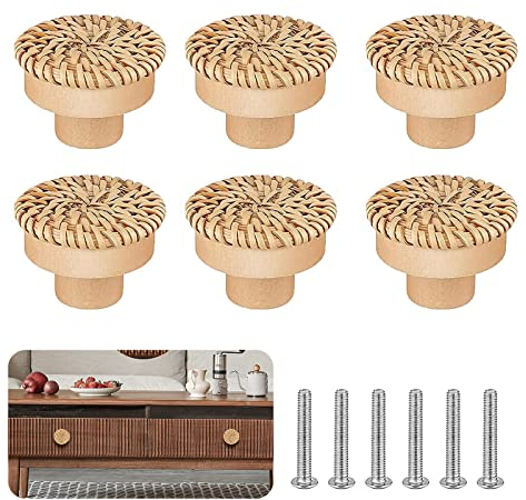 FAINCA 6 Stück Rattan Möbelknöpfe Schrankgriffe, Schubladenknöpfe Boho Deko, Natur Holz Schrankknöpfe, Dauerhaft Kommodenknöpfe mit Schrauben, für Küchenschränke Schubladen (40 x 30 mm)