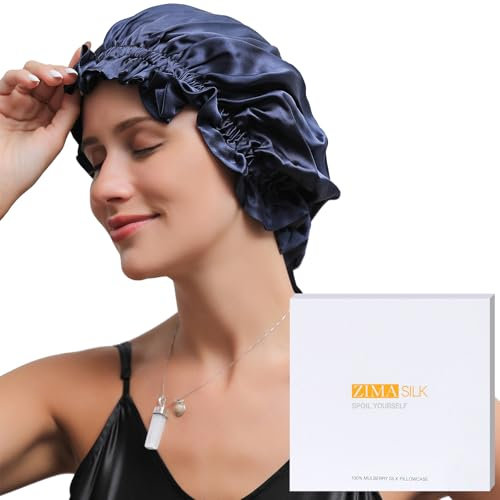 ZIMASILK 100% Mulberry Silk Bonnet for Women Hair Care, Double-Layer Silk Shower Cap, Natural Hair Wrap for Sleeping with Elastic Stay On Head (1Pc, Navy Blue)