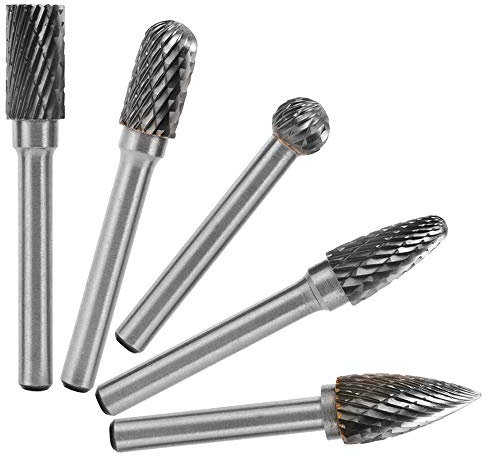 Mesee 5Pcs Fraises Rotatives en Carbure de Tungstène Fraises Double Coupe Lime Rotary Burr Set Accessoire Outil Rotatif pour Perçage Gravure Polissage Sculpture sur Bois Métal (6mm Tige x 8mm Tête)