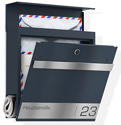 Graviers Design Briefkasten mit Zeitungsfach in Anthrazit RAL 7016 - Postkasten personalisiert Edelstahl Lasergravur Straßenname Hausnummer - Wandbriefkasten Briefbox mit Schloss Zeitungsrolle