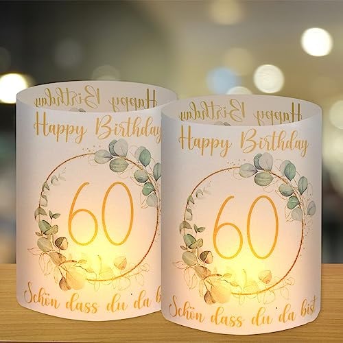 12 Windlicht Tischdeko 60 Geburtstag, 60 Jahre Happy Birthday Tischdeko, Deko 60 Geburtstag Mann Frau, Geeignet für Teelichter oder Kerzen