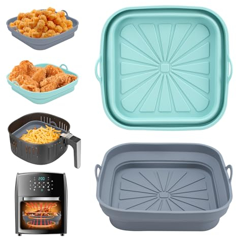 Alyvisun 2 Piezas Bandeja Accesorios para Freidora sin Aceite Reutilizable Recipientes Cuadrado Cesta Utensilios para Air Fryer, Microondas, Horno, Silicona, Azul+Gris