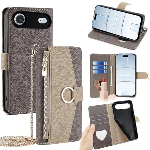 Arseaiy Wallet Case for iPhone XR Flip Phone Case Cover with Crossbody Strap Magnetic Zipper Pocket Makeup Mirror PU Leather Shockproof with Kickstand Shell Gray