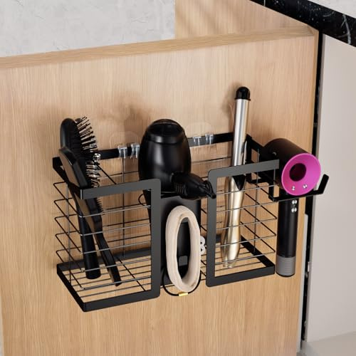 FUNKYLEE Haar-Werkzeug-Organizer – Haartrockner-Halter, 3-in-1 Metall-Wandhalter für Glätteisen, Lockenstab, Glätteisen, Haarpflege- und Styling-Werkzeuge, Aufbewahrung und Organizer (schwarz)