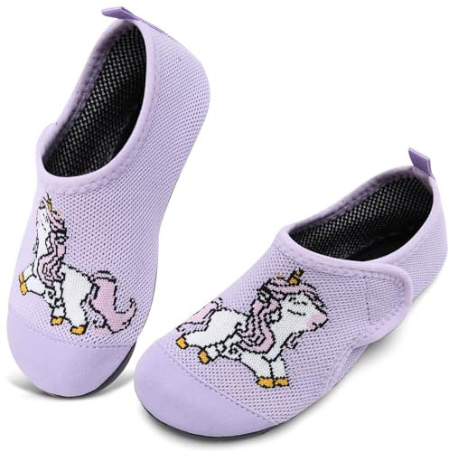 WateLves Hausschuhe Kinder Mädchen Slipper rutschfeste Leichte Turnschläppchen Flexibe Atmungsaktive Barfuss Pantoffeln Kindergarten Unisex(Mst Lila Einhorn,28 29 EU)