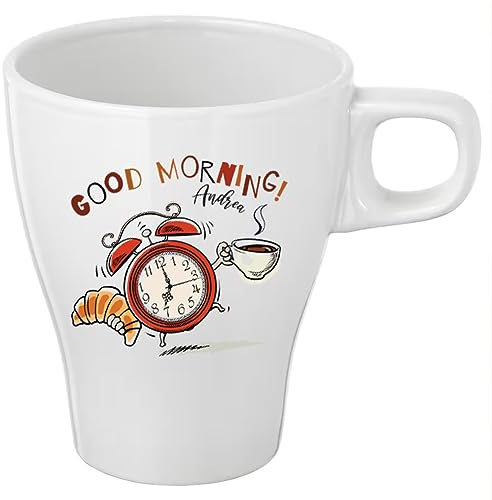 Tazza Mug 25cl. in Gres Bianco Personalizzata con Nome Sveglia Good Morning Prima Colazione Felice Idea Regalo Natale Compleanno Ragazzi Papà Donna Festa Originale The Tisana Latte Spremuta Caffè