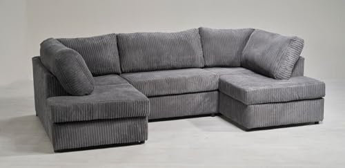 U Shape Jumbo Cord Corner Sofa Suite Set High back Grey Brown Black Cream Chair 6 COLOURS (CHARCOAL GREY)