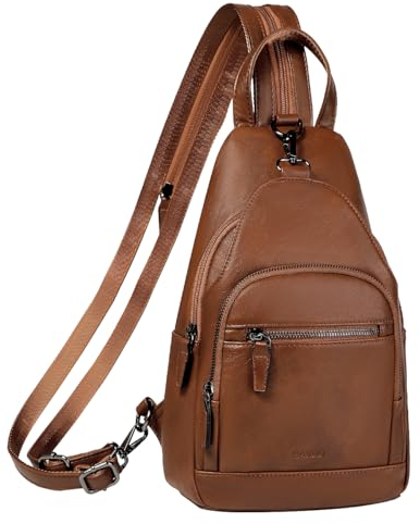 RAVUO Brusttasche Damen, PU Leder Sling Bag Rucksack Klein Frauen Schultertasche Kleine Umhängetasche Crossbody Bag für Outdoorsport, Reisen,Braun