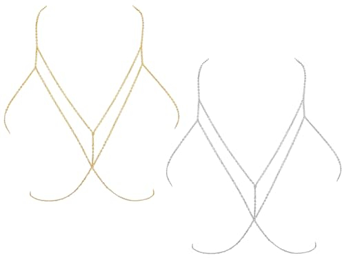 Bikini Bh Body Chain,Regerly 2 Stück Kristall Körperkette Gold Und Silber Bikini Kette Brust Kette Brustkette Zubehör Sexy Kreuz Brust Kette Geeignet Für Frauen Fürpartys Und Nachtclubs