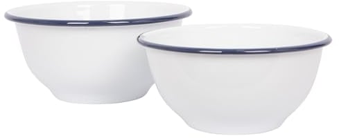 Argon Tableware 2 Piece Mixing Bowl Set - Blue Rim - Lightweight Metal Deep Dish Enamelware Nesting Bowl for Baking, Cooking, Salad, Picnic, Camping