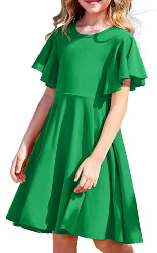 Arshiner Girls Dress Children Butterfly Sleeves Party Dresses Crew Neck Casual Plain Cotton Dress Green A-Line Back to School Swing Dresses with Pocket 140 Age 9-10