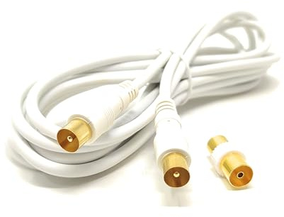 4m TV Aerial Coaxial Cable Male to Male, Satellite RF Antenna Coax RG59 Lead Gold Plated Connectors with Female Coupler (Straight, White, 4m)