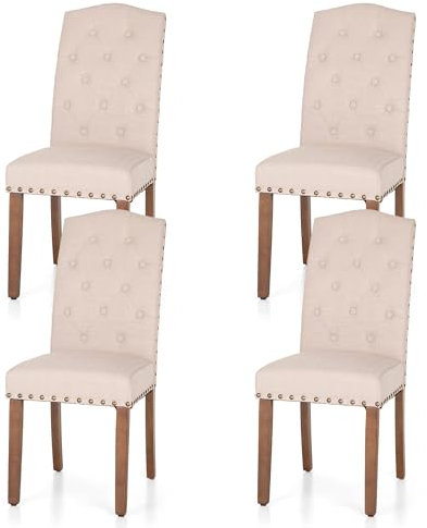 ALPHA HOME Getuftete Esszimmerstühle 4er-Set, Küchenstühle aus Leinen Gepolstert Moderne Esszimmerstuhl mit Knopfleiste Holzrahmen hoher Rückenlehne, Stilvolle Polsterstuhl Beige