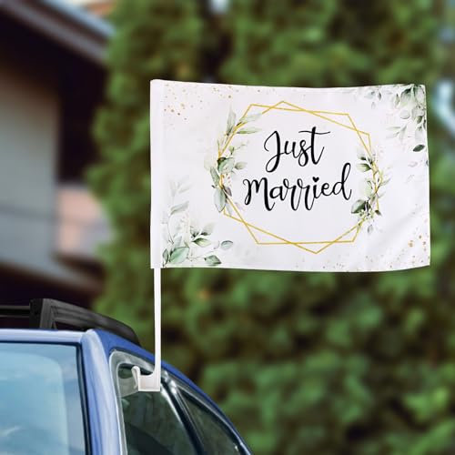 BOFUNX 2pcs Decorazioni Matrimonio per Auto Bandiera Just Married per Auto Decorazione Auto Sposi Bandiera Auto Matrimonio Decorazione Nozze Festa