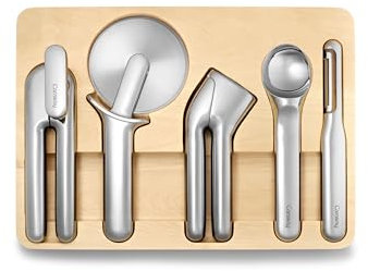 Caraway Kitchen Gadget Set - 5 Piece Kitchen Essentials - Stainless Steel - Includes Can Opener, Pizza Cutter, Garlic Press, Ice Cream Scoop, Vegetable Peeler, and Storage Organizer