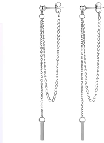 JewelryWe Hängende Ohrringe Damen Ohrhänger: Silber Edelstahl Kugel Ohrstecker mit Extra Lange Kette Stäbchen Anhänger Kettenohrringe Tropfen Ohrringe Ohr Piercings Geschenk für Frauen Mädchen