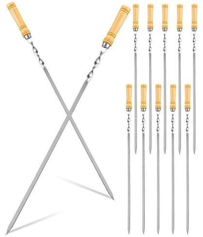 Lot de 12 brochettes de 60 cm avec manche en bois ? Brochettes en acier inoxydable pour barbecue à gaz et au charbon de bois – 12 longues brochettes de viande pour barbecues – BBQ Schampura ?
