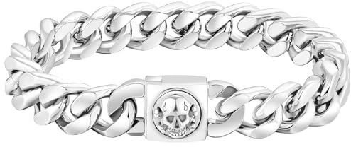 KRKC&CO 12mm Herren Armband mit Totenkopf Verschluss, Panzerarmband mit Beschichtung, breite dicke Edelstahl Cuban Armband, Hip Hop Wikinger Biker Schmuck Geschenk für Männer Jungs [Länge 22,9cm]