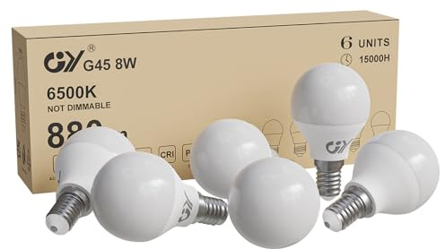 GY Bombilla LED E14 Luz Fría 6500K 8W 880LM, Bombillas Miniesfèrica G45 Rosca fina, sin Parpadeo, CRI＞80, Ahorro Energético, No Regulable, 6 Pieza