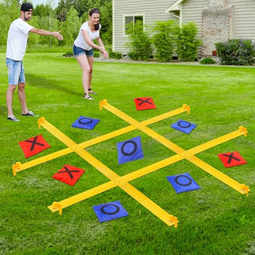 Tic Tac Toe Outdoor Spiele für Kinder, 1,2m x 1,2m Dosenwerfen Cornhole mit 10 Bohnensäckchen, Spielzeug für Draußen/Hinterhof/Karneval, Spiele ab 6 Jahre