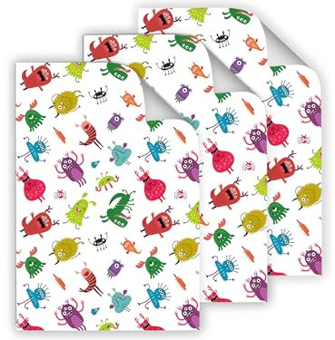 12 Geschenkpapier-Bögen hochwertige reißfeste Geschenkverpackung für Kinder Mädchen Junge Monster bunt für kleine Geschenke für Geburtstag Weihnachten Fest (12 Bögen je A3-Format)