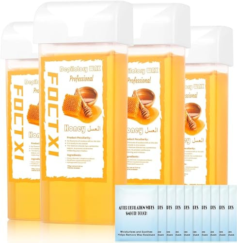 FOCTXI Wax Roller Kit Ｗax Cartridge, Roll On Wax for Hair Removal, Roll on Ｗax, 4 Honey Hair Removal Ｗax Cartridge and 10 Pack Cleaning Oil Wipes for Women