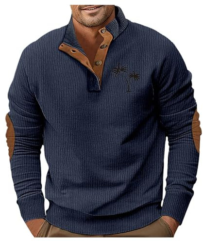 Herren-Sweatshirt mit tiefen Ärmeln, lässig, Kokosnuss-Aufdruck, Stehkragen, lockerer Cord, einfarbig, Sport-Sweatshirt S Pullover (Navy-B, XL)