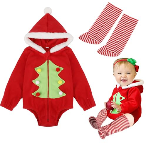 TAGVO Pagliaccetto Neonato per Natale, Christmas Costume Babbo, Natalizio Body Bimbo, Body con Cappuccio con Albero di Natale con calzino per Ragazzi e Ragazze