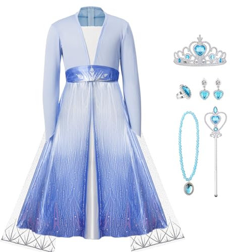 AUYAO Elsa Princess Costume Elsa Dress Up for Girl, Elsa Anna Fancy Dress for Girl, Snow Queen Long Sleeves Outfit for Carnival, Birthday, Halloween, Cosplay, Party, Bridesmaid(Age 8-9 Years)