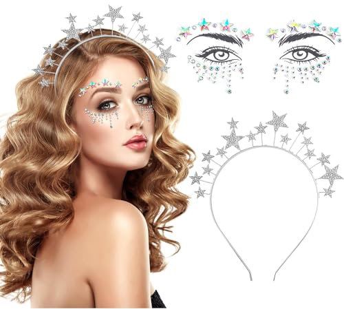 iZoeL Sterne Haarreif Silber Sterne Stirnband Strass Haarband Gesichtstattoo Karneval Fasching Halloween Geburtstag Party Kostüm Haarreifen Glitzer Haarschmuck für Damen Mädchen