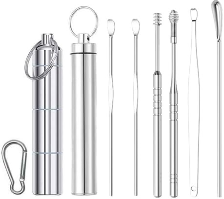 FFWTPY Pillendose Schlüsselanhänger Wasserdicht Tablettendose für Unterwegs Metall Pillendose mit 3 Teilbaren Fächer Inklusive 6-teiligem Ohrschmalzentfernerset aus Edelstahl