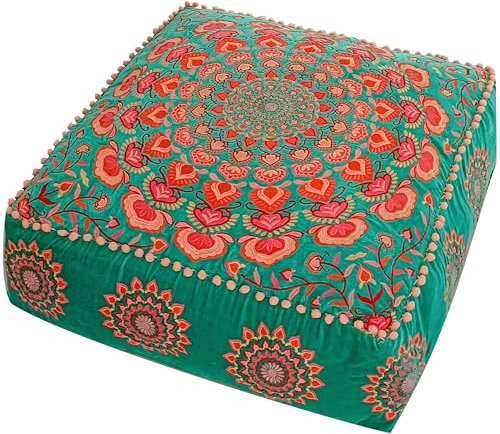 Mandala Life ART Türkis Pouf Ottomane Bezug mit Samtstickerei – weicher, bestickter Bodenkissen mit marokkanischem Design, 60cm Durchmesser, ideal für Wohnzimmer, Schlafzimmer oder Meditationsraum