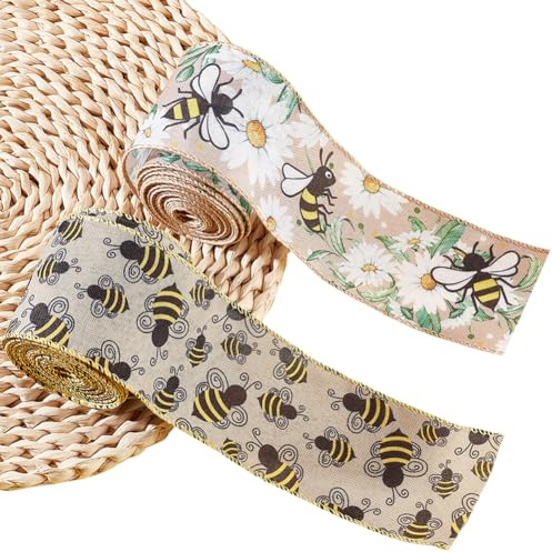 CABODYALS 2 Rolle 10.97 m 63mm Bienenband Mit Draht Gelbes Bienenmuster Insektenmotiv Druckband Polyester Frühlings Und Sommerband Mit Drahtrand Zum Nähen Basteln Geschenkverpackung Partydeko
