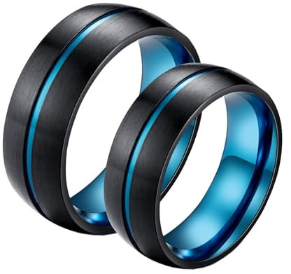 Calefee Trauringe Edelstahl Paarpreis, Verlobungsring Paar 2 Set Blau Schwarzer Ring Gebürsteter 8 mm, Damen Größe 65 und Herren Größe 57