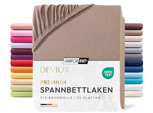 Devior Premium Spannbettlaken 140x200cm - 160x220cm für Boxspringbetten bis 32cm, 97% Baumwolle & 3% Elastan, Nougat – 190 g/m² Anti-Statisches, atmungsaktives Bettlaken mit Einlaufschutz