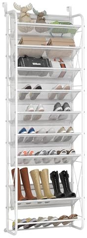 CAGAYA 10-teiliger Schuhregal, über die Tür anbringbarer Schuh-Organizer aus Maschengewebe, X-Struktur, Hosenbügel, Kleiderschrank, Vorratsschrank, hängende Regale für Schuhe (Weiß, 10 Etagen)