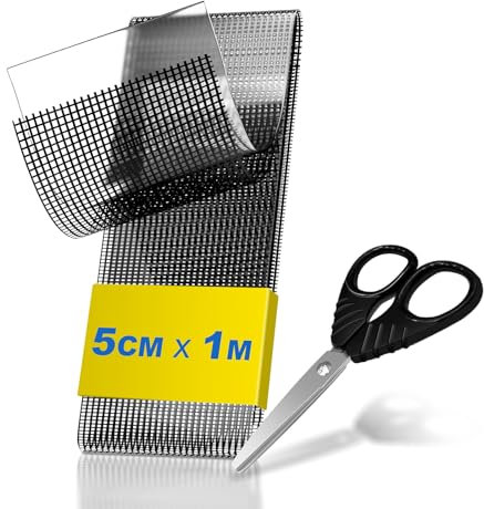 teeppo Fliegengitter Reparatur Klebeband Set - Insektenschutz Fliegengitter Reparatur Set - Stark Selbstklebend Glasfaser - Verhindern Moskitos Insekten - Inklusive Schere - Schwarz (1 m x 5 cm)