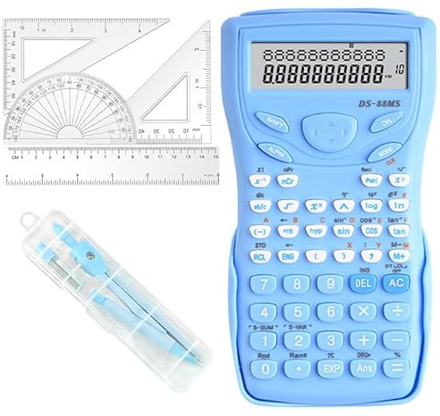 Wissenschaftliche Taschenrechner, Mathematik-Set, Winkelmesser und Zirkel – Set für Geometrie mit Linealen und zwei Geodreiecken und wissenschaftlichen Taschenrechnern, 240 Funktionen, 2 Zeilen, 10 +