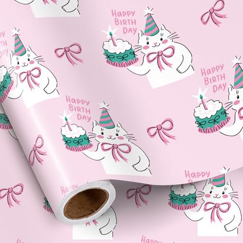 RUSPEPA Niedliches Katzen-Geburtstagsgeschenkpapier für Kinder,lustiges rosa Katzen-Geschenkpapier mit Kuchen- und Schleifenmotiv für Geburtstagsfeiern, Babypartys und Tierliebhaber, 43,2 cm x 5 m