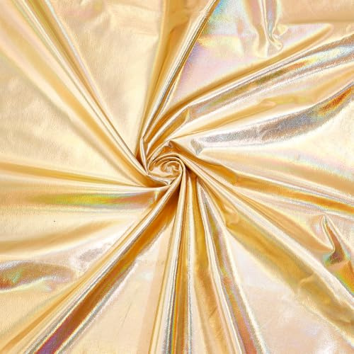 MAYJOYDIY Goldfarbener Glitzernder Hologramm Spandex Stoff 100×150cm 4 Fach Glänzender Metallic Folien Stretchstoff Zum Selbermachen Und Nähen Kostüm Bühnen Performance Kleidung Party Dekoration
