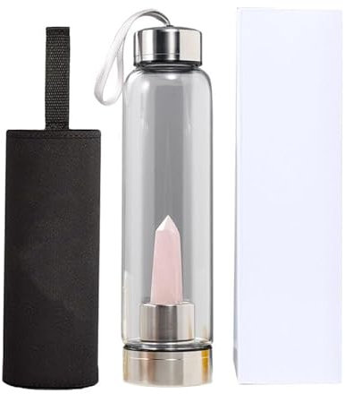 getuse Crystal Elixir Water Bottle with Amethyst Infused Wand – 19oz Glass Wellness Bottle for Healing Energy, Meditation, Yoga & Spiritual Hydration Gift (Pink)