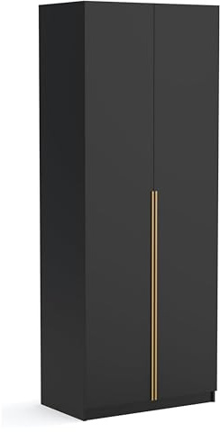 Brent - Kleiderschrank Bristol Schwarz 90 cm Breite, 2-türig, Mehrzweckschrank mit Einlegeböden und/oder Kleiderstange, Aufbewahrungsschrank, Modern Metallgriffe in Gold