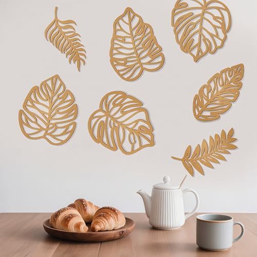 7 Stück tropische Wanddekoration, Boho-Holzpalmenblätter, Wandkunst, tropisches Dschungelblatt, Wandkunst, natürliches Monstera-Blatt für Bauernhaus, Küche, Schlafzimmer, Garten (Holz)